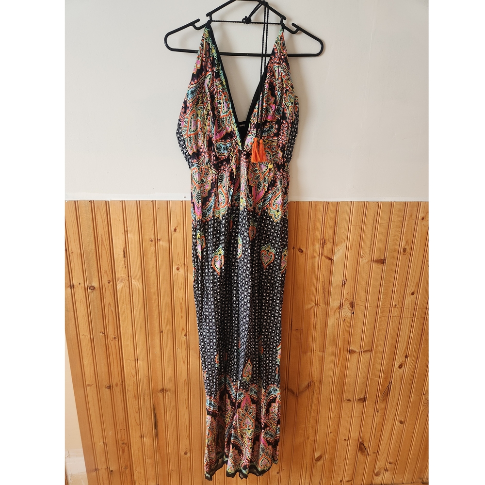 Multicolor Paisley Halter Wide Leg Jumpsuit Boho Sz Medium